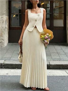 Elegant Cream Vest and Pleated Maxi Skirt Set
